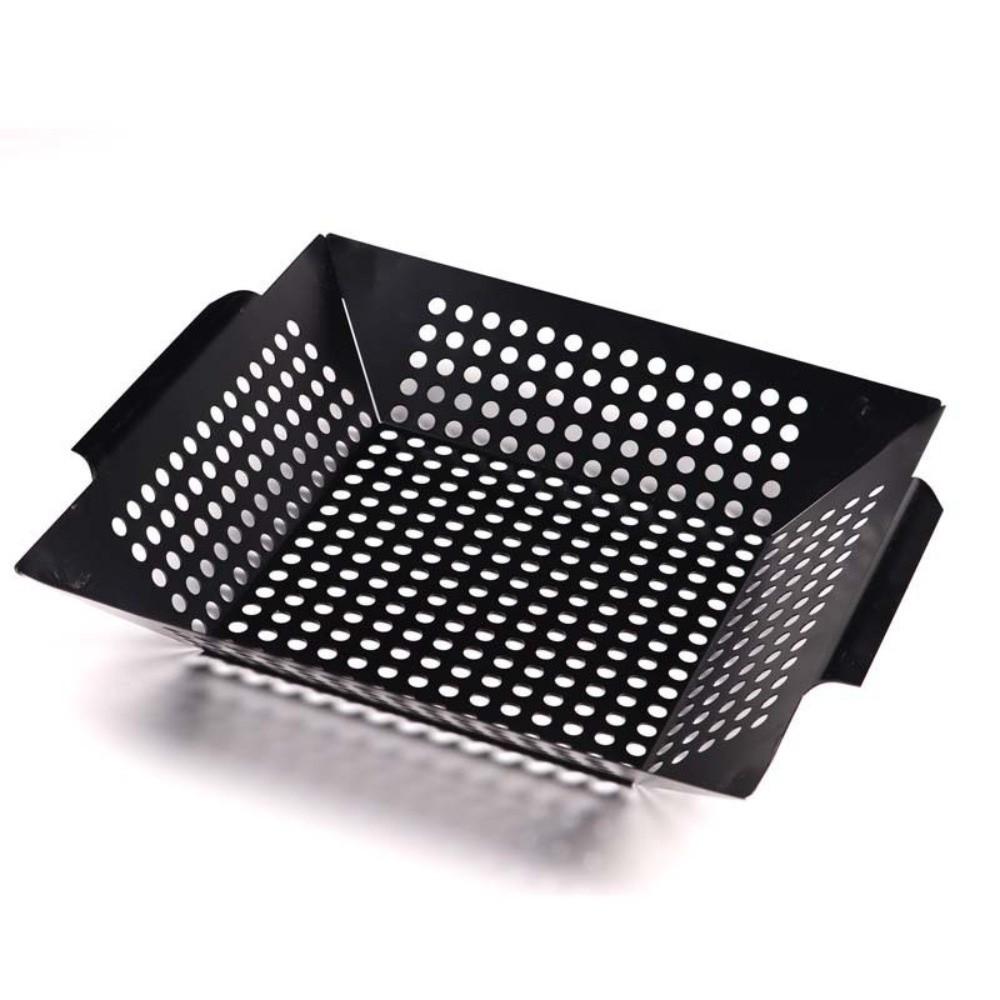 Heat Resistant Barbecue Grill Pan Non-Stick Coated with Drain Holes Metal BBQ Pan Cast Iron Square Grill Basket Picnic