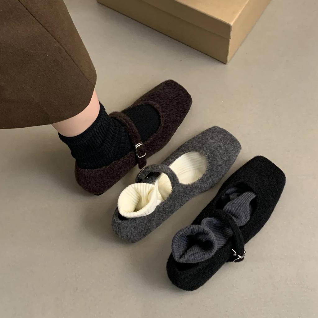 Fashion Fashion Square Toe Fleece Flet Ballet Flats Woman Winter Warm Wool Mary Jane Shoes Ladies Brand Design Elegant Plush Loafers