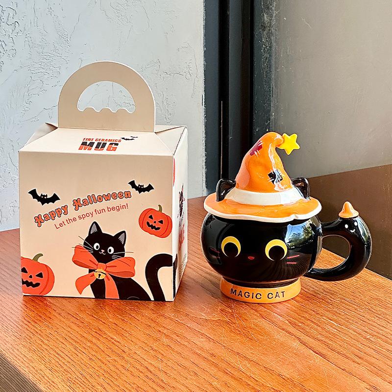 Creative Halloween gift magic hat cat ceramic mug with lid for girls practical mug souvenir gift box