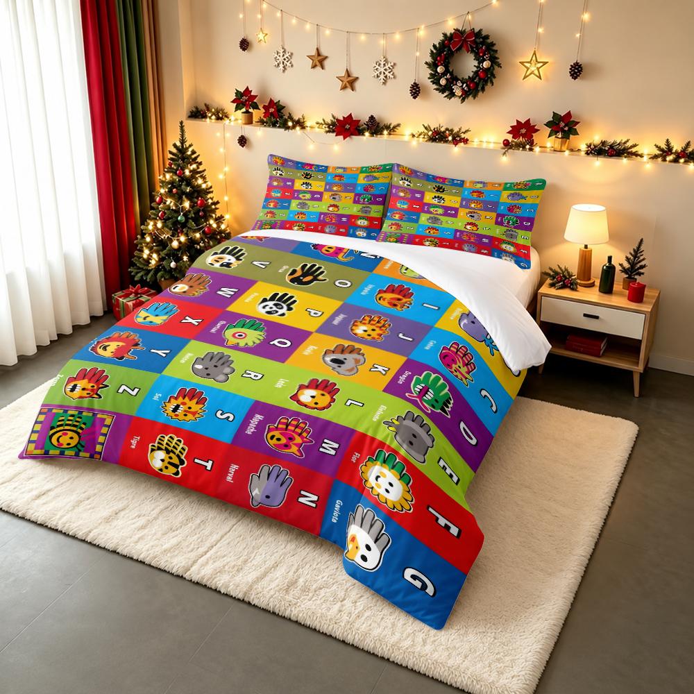 Spanish Alphabet ABC Hand Animal Cartoon Bedding set (1 duvet cover, 2 pillowcases, duvet not included), A-Z Chart Art Print
