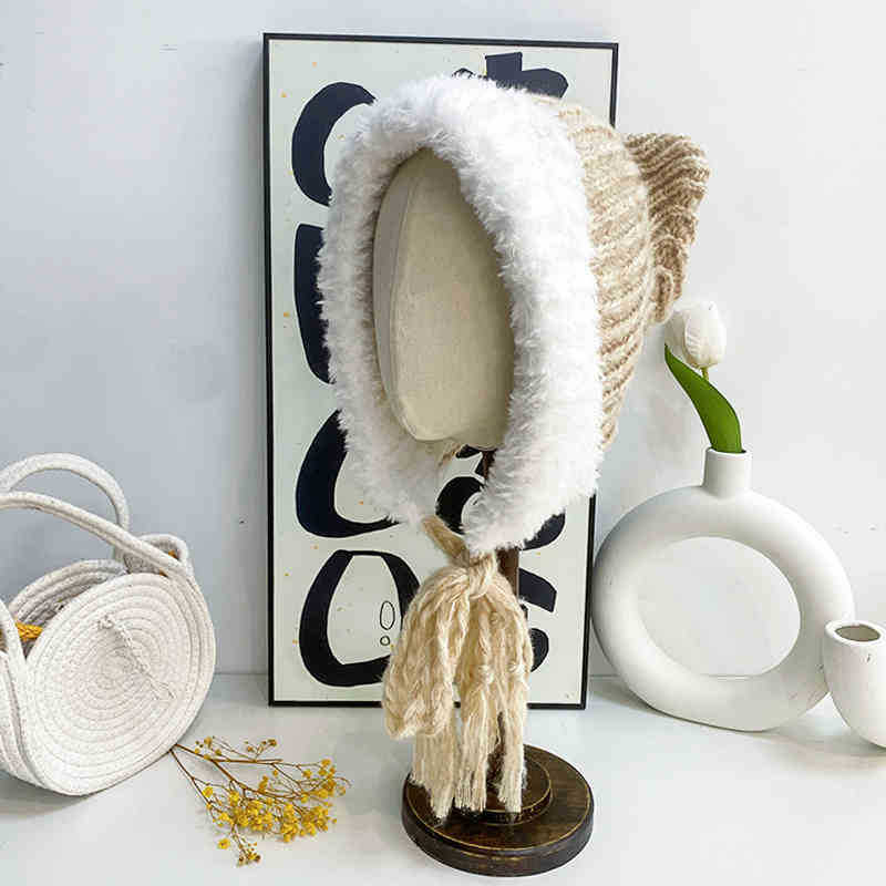 Cute Plush Knitted Hat with Cat Ears Big Head Circumference  Face Showing Small Colorful Thick Woolen Contrasting Color Ear Protection Hat