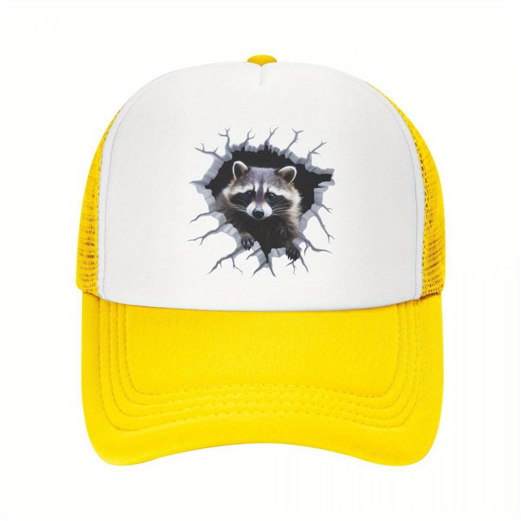 Raccoon Breaking Through Hole Trucker Hat Polyester Casual Snapback Cap Adjustable Unisex Outdoor