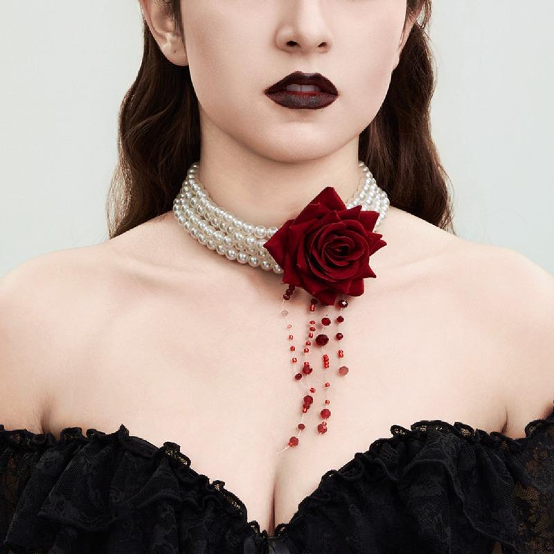 Gothic Rose Flower Multi-layered Pearls Halloween Necklace for