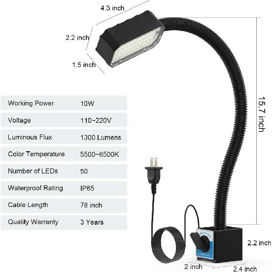 Magnetic Work Light, 1300 Lumens Led Machine Light with Strong Magnetic Base, Flexible Gooseneck Magnetic Lamp for Lathe and Drill Press, 10W 120V