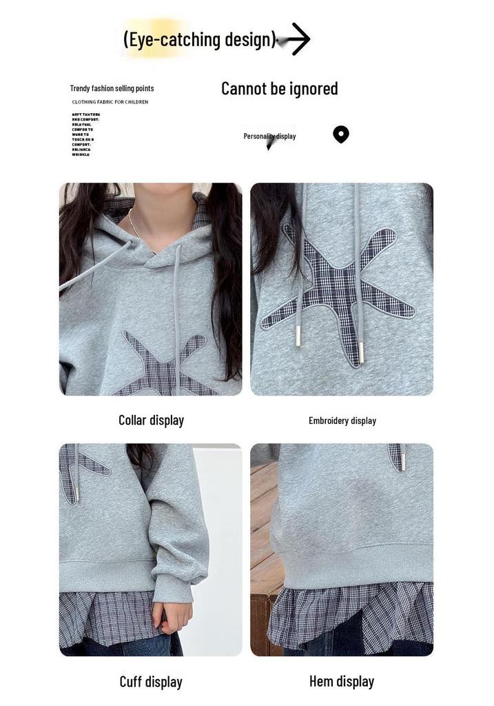 Girls' Plaid Patchwork Hooded Sweatshirt: 2026 Autumn Style for Middle and Older Children - Faux Two-Piece Long-Sleeve Top