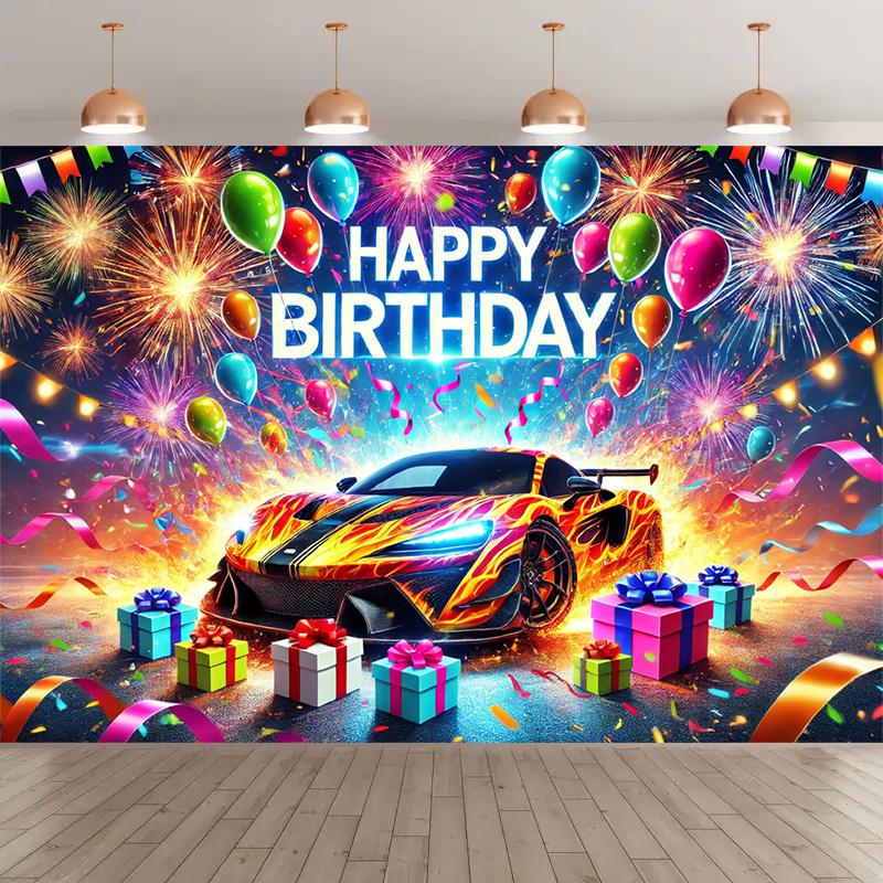 1pc Vibrant sports car birthday party background - polyester banners, fireworks, balloons and gifts, indoor/outdoor decorations