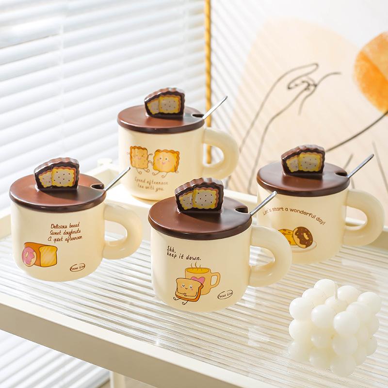 Creative Bread Ceramic Home Use Cute Cartoon Mug Mug Couple Water Cup with Lid Spoon Coffee Cup Breakfast Cup