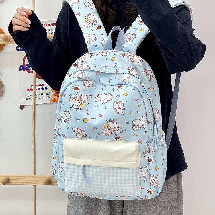 Schoolbag new backpack cartoon printing plaid color matching lightweight campus versatile schoolbag junior high school large capacity backpack