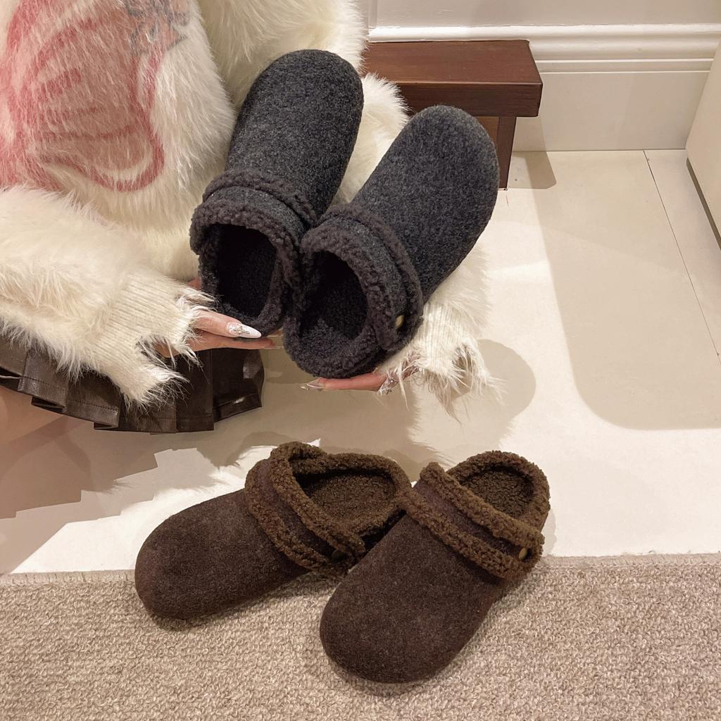 Thick-soled two wear gray woolen plush women's autumn and winter new Mao Mao shoes, head cotton slippers, outer wear