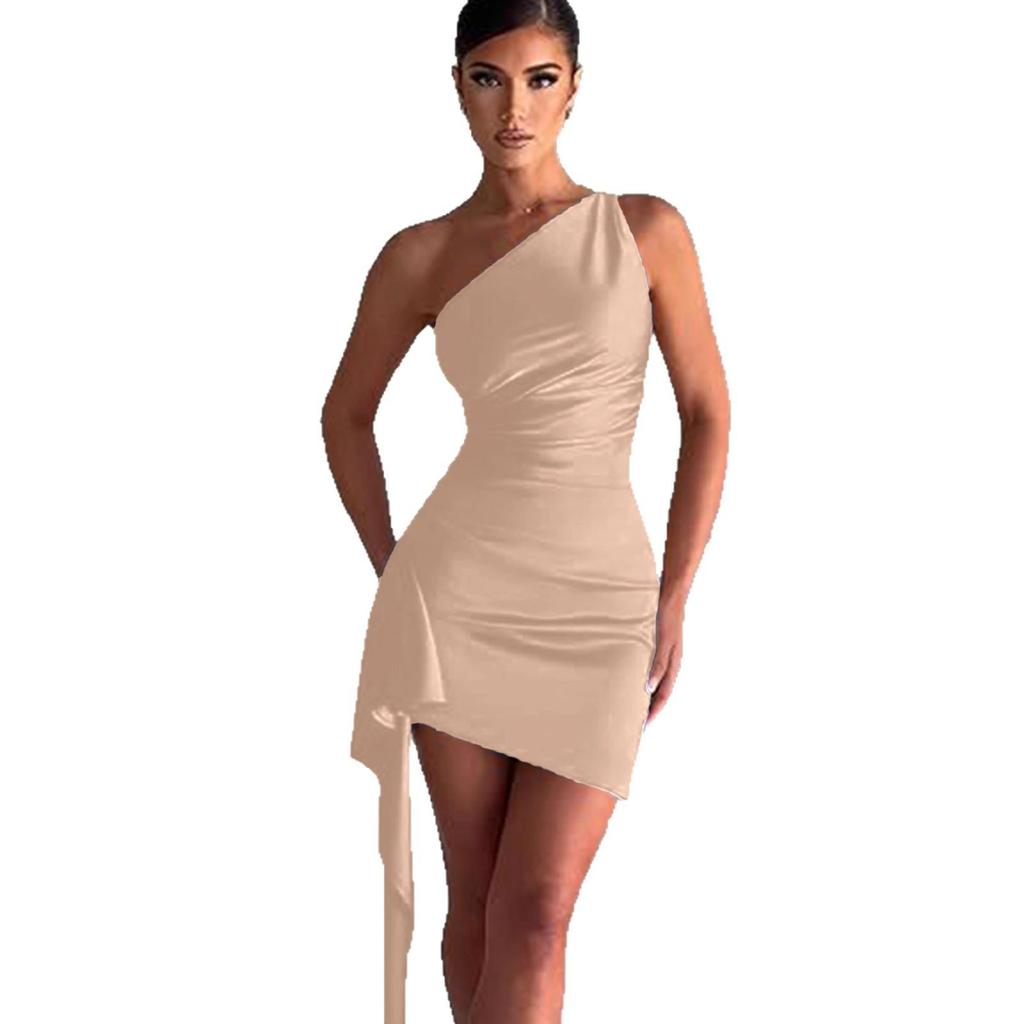 One-Shoulder Ruched Slit Satin Dress - European & American Summer Elegance