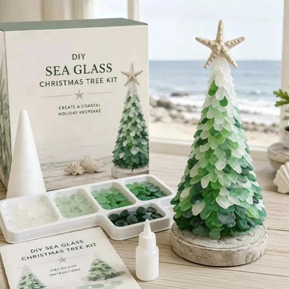 DIY Coastal Sea Glass Christmas Tree Kit with Starfish Handmade Craft Tabletop Ornament Xmas Holiday Home Decor Party Supplies