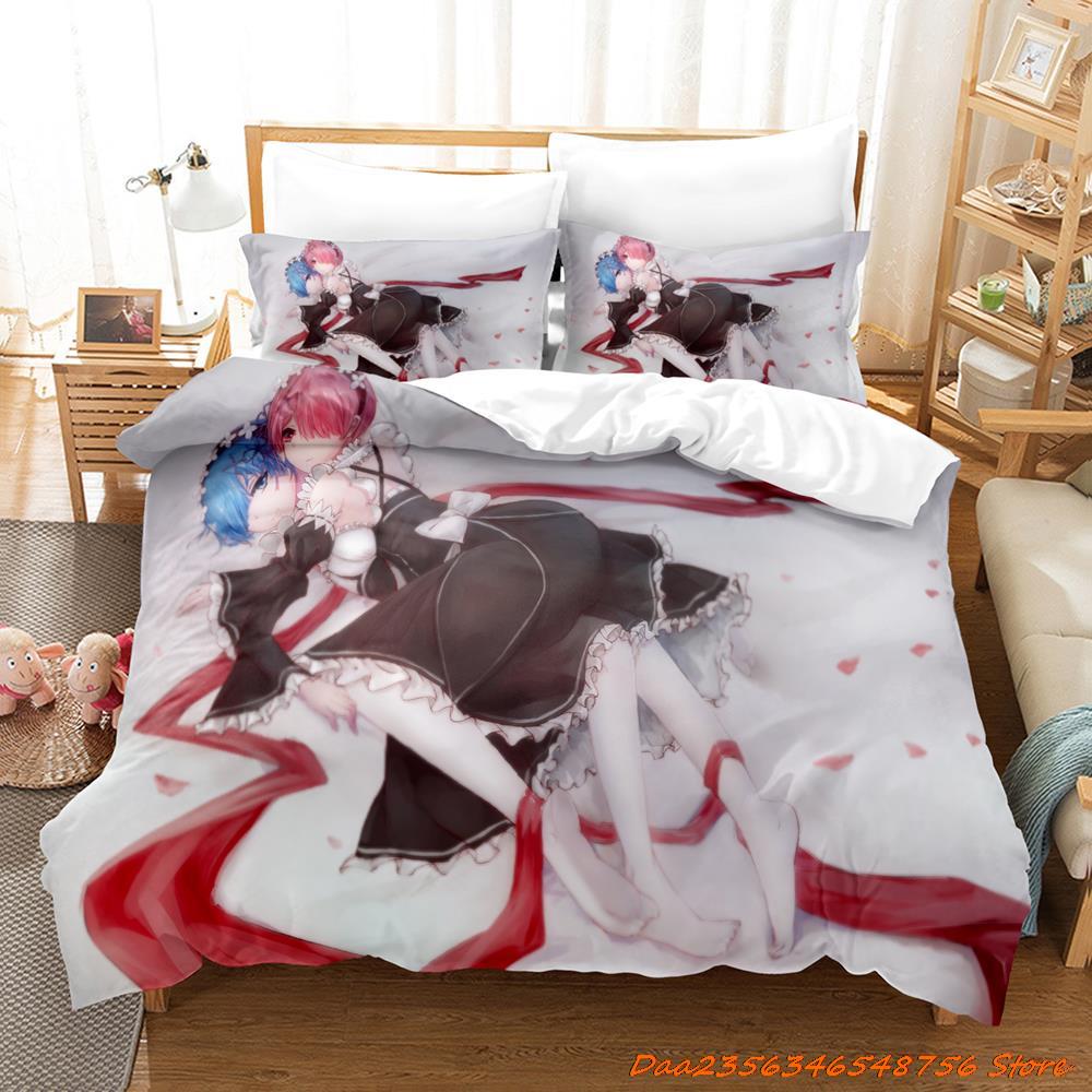 Comforter Re Zero Rem Ram Bedding Set Cartoon Anime Three-Piece Set Adult Kid Bedroom Duvet Sets 3D Kawaii Girl Twin Set