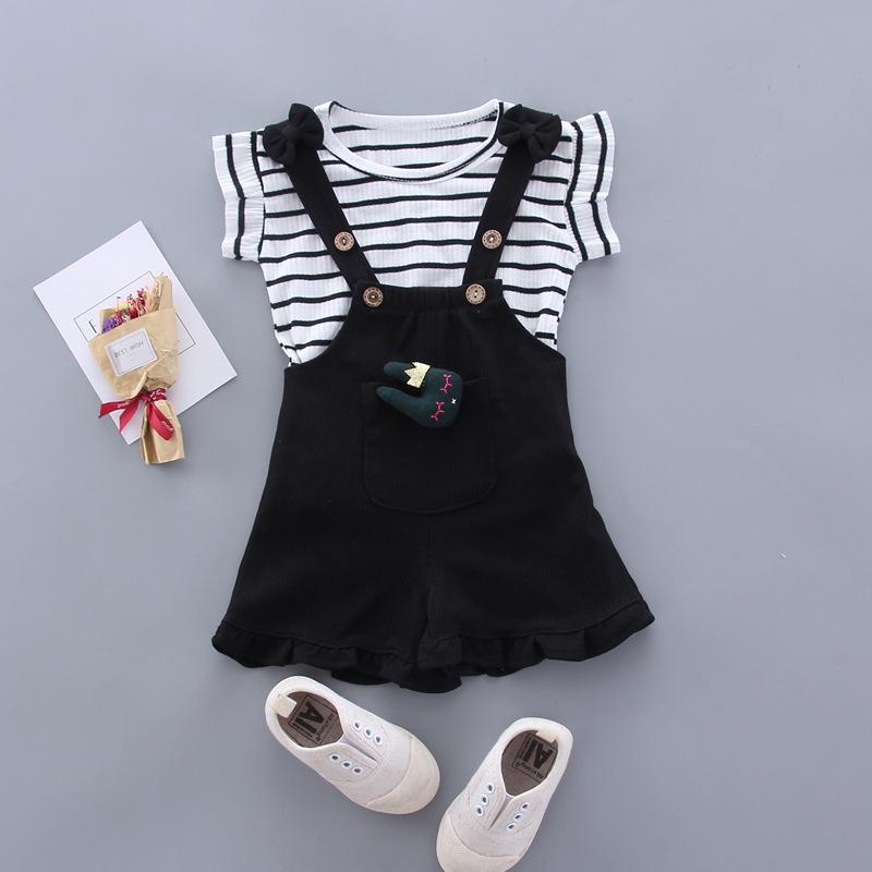 Cute Girls Summer Two Piece Set With Lace Rabbit Bow Tie Short Sleeve Top And Shorts Fashionable Toddler Outfit