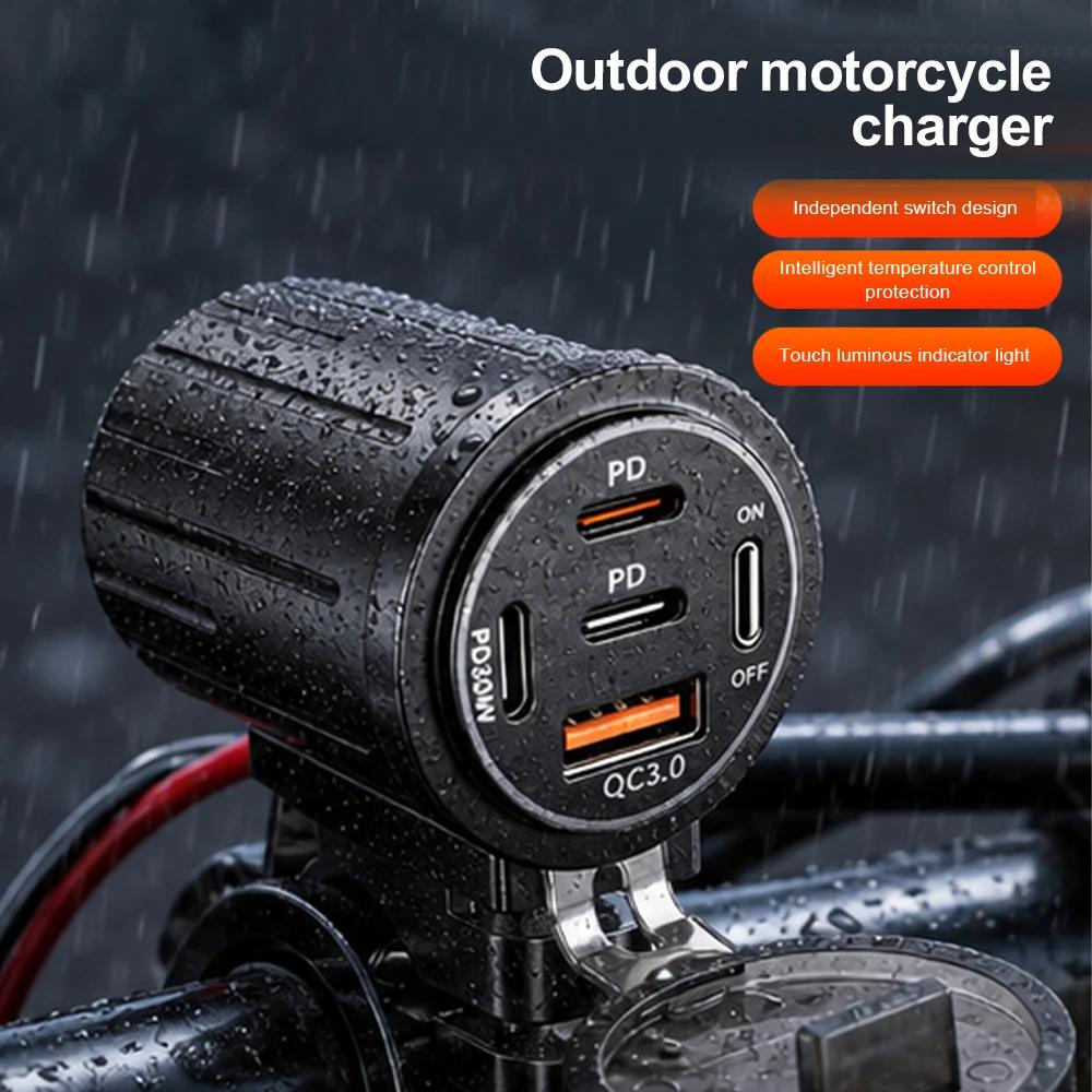 Waterproof Motorcycle Handlebar USB Charger Lighter Adapter 12V Power Socket Type-C Quick Charger for Car Boat ATV