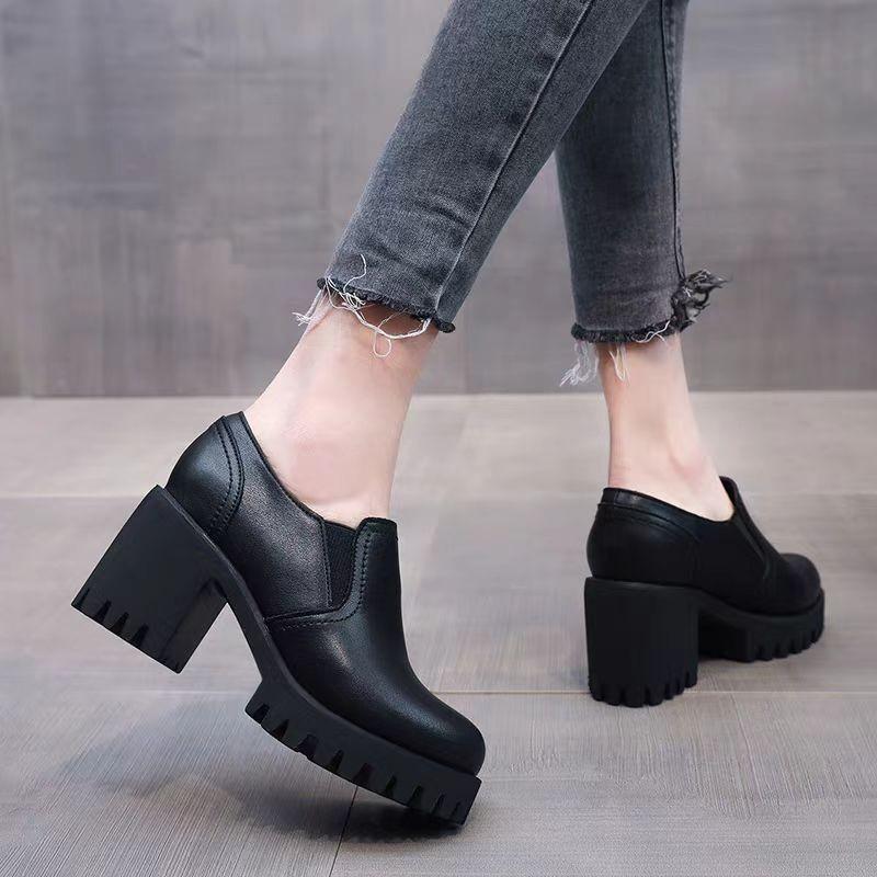 High-heeled loafers for women's 2025 spring and autumn new soft leather thick heel thick sole professional single shoes work small leather shoes on