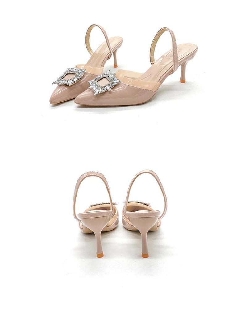 2023 Summer Rhinestone Stiletto Heels: Pointed Toe, Slip-on, Square Buckle, Closed-toe Sandals