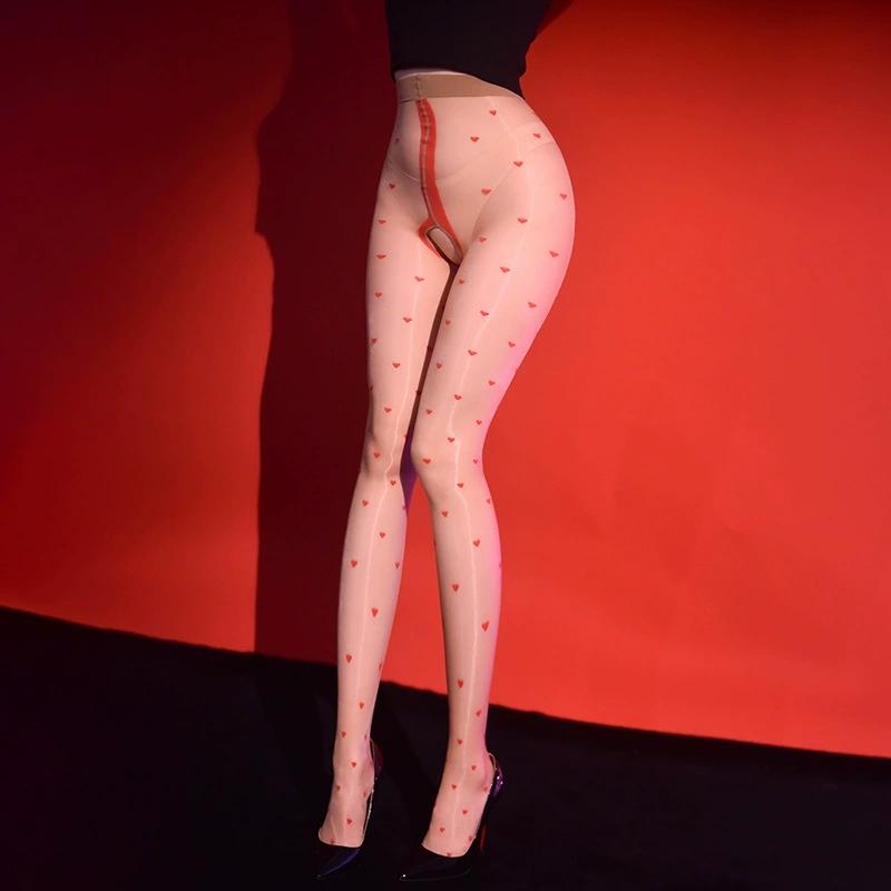 Women Sexy T Shape Open Crotch Tights Sweet Heart Printed High Waist Nylon Pantyhose 5D Oil Shiny Pole Dance Clubwear