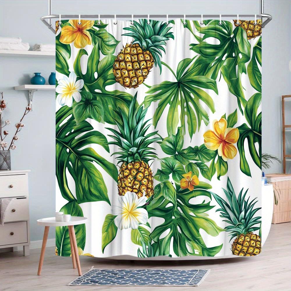 1 Tropical Pineapple and Leaves Print Shower Curtain - Vibrant green, yellow and white floral pattern, perfect for the bathroom
