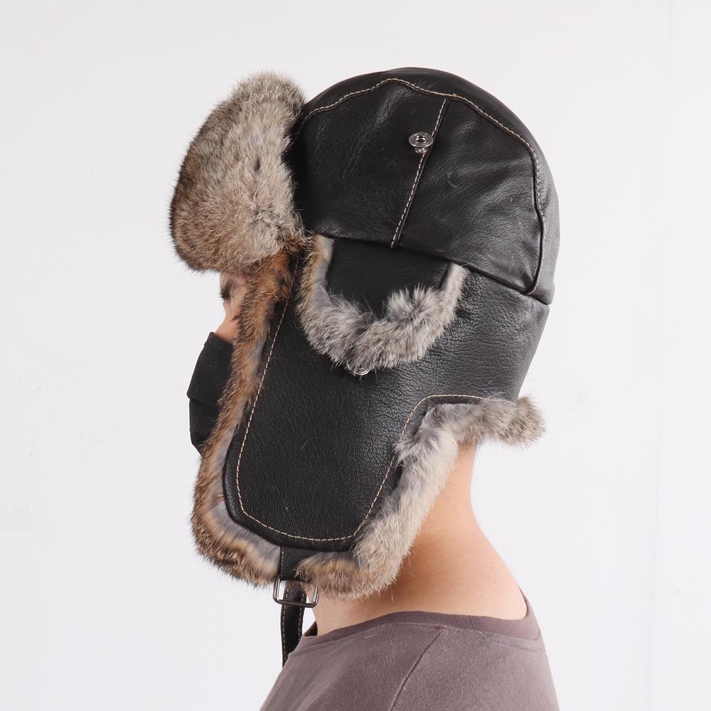 New Winter Men Natural Rabbit Fur Bomber Hat Genuine Sheepskin Leather Cap Men Outdoor Windproof Super Warm Rabbit Fur Caps