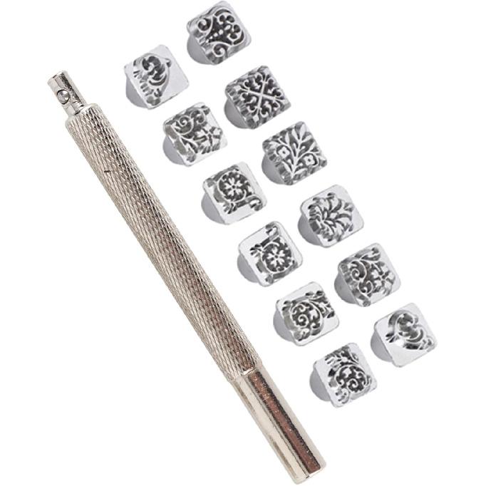 12PCS Leather Stamping Tools, 12 Patterns Zinc Alloy Leather Craft Stamps Punch Set Tool, Flower Design Leather Stamper for Leather Craft DIY Jewelry