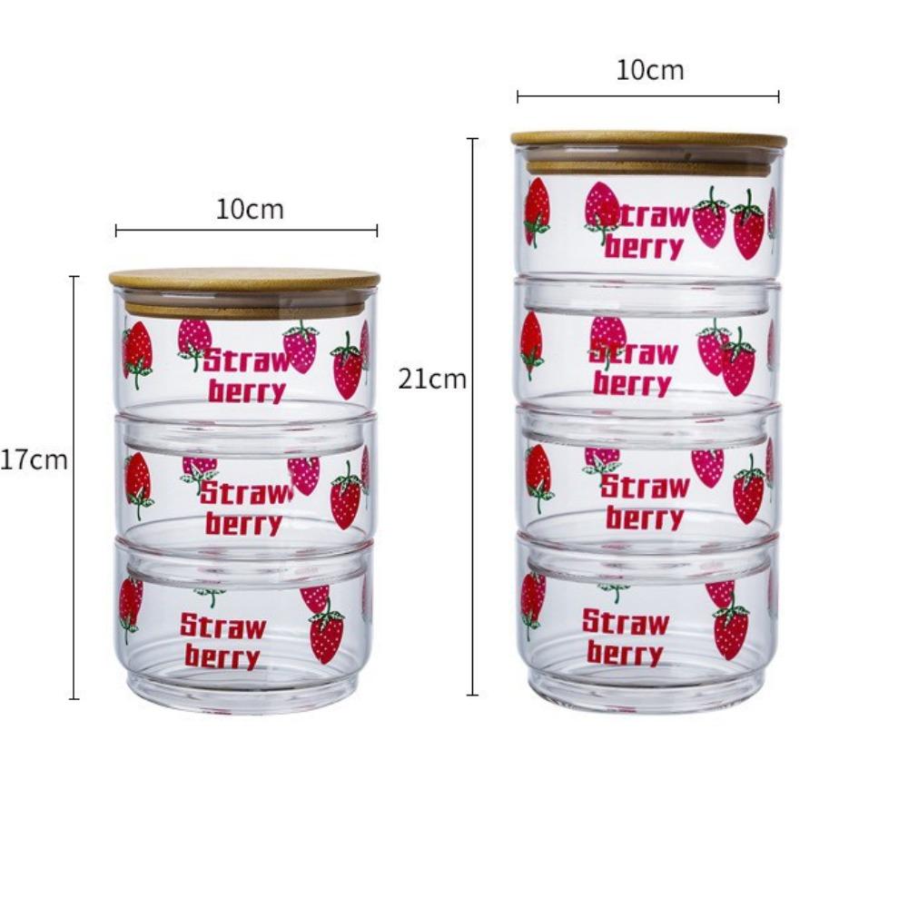 Korean Strawberry Glass Bowl with Bamboo Lid Cute Cherry Snack Box Fruit Capacity Fresh Box Jars with Lid for Kitchen StorageJar