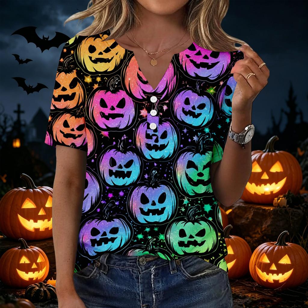 Womens Halloween Print V Neck Short Sleeve Button T Shirt Casual Fashion Top Lightweight Comfortable Fit