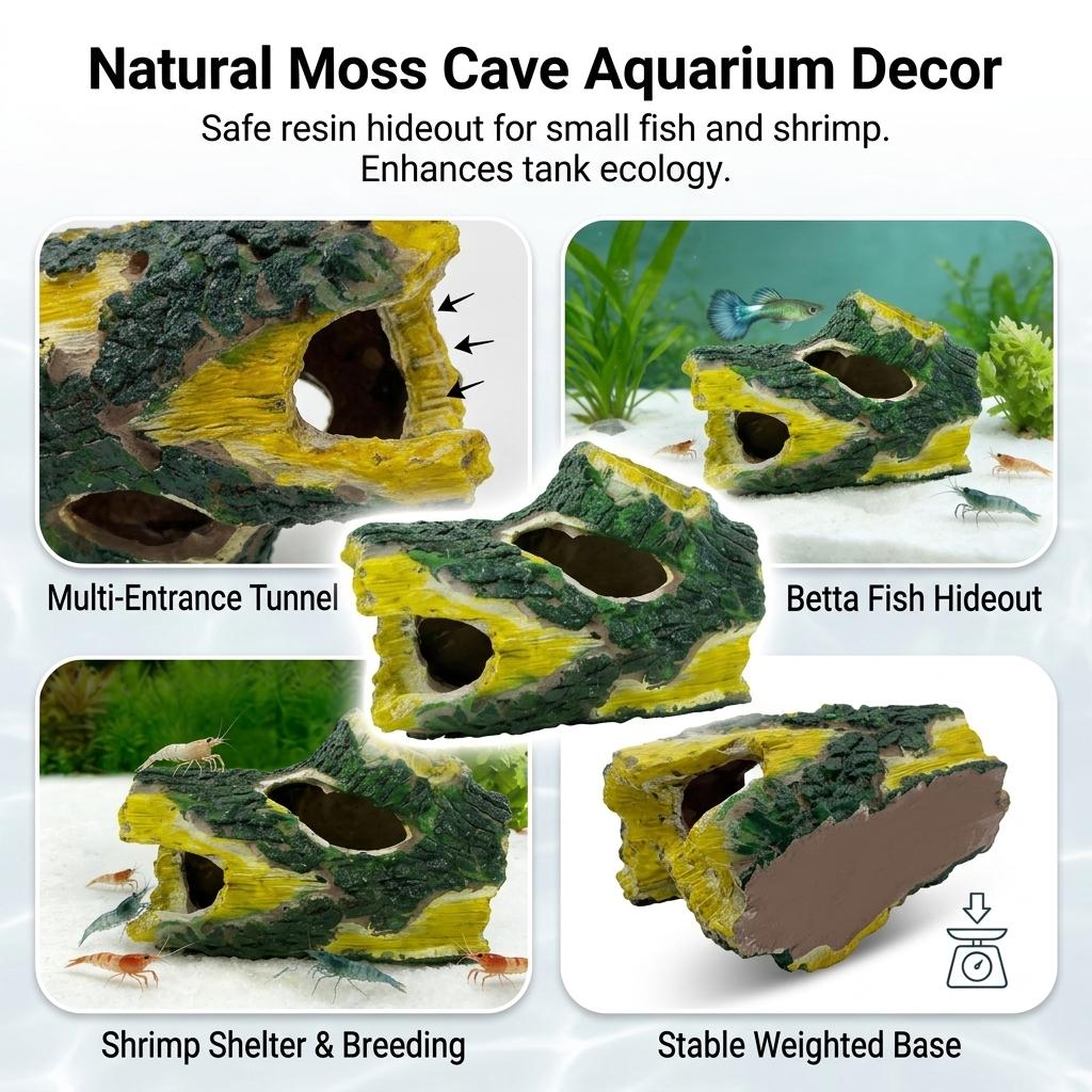 Resin Aquarium Decor Moss Cave Hideout for Small Fish and Shrimp Tunnel