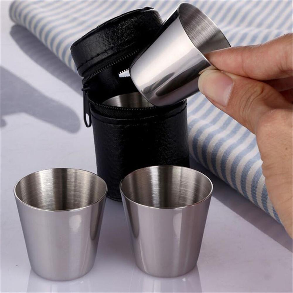 4PcsSet 30ML Stainless Steel Polished Wine Drinking Shot Glasses Cup with Leatherette Cover Case Bag Barware for Home Kitchen Bar