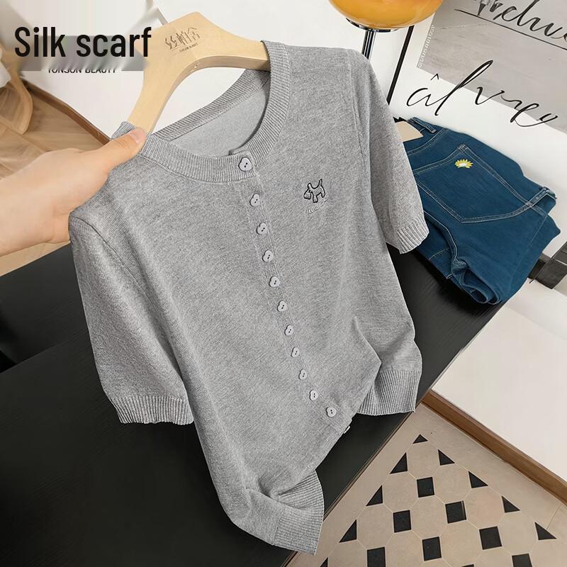 Women s Round Neck Embroidered Knit Short Sleeve T-Shirt OS