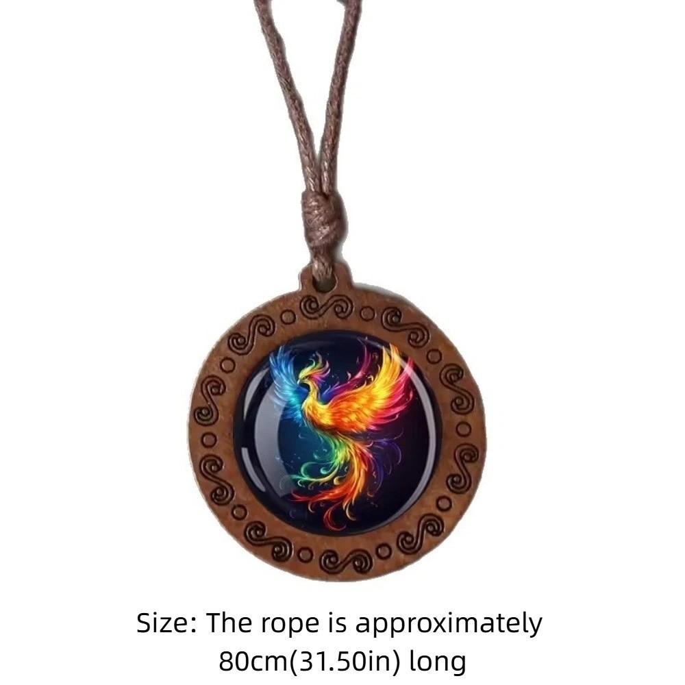 Vintage Dragon Phoenix Sweater Chain Leather Chain Boho Wooden Pendant Handmade Long Collar Decoration for Women Men