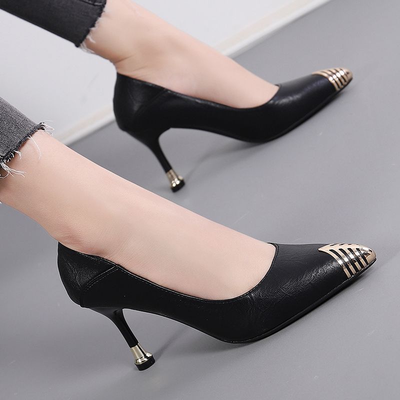 Spring New Medium Heel Women's Shoes Black Small Leather Shoes Stiletto Professional High Heels Spring Single Shoes Women