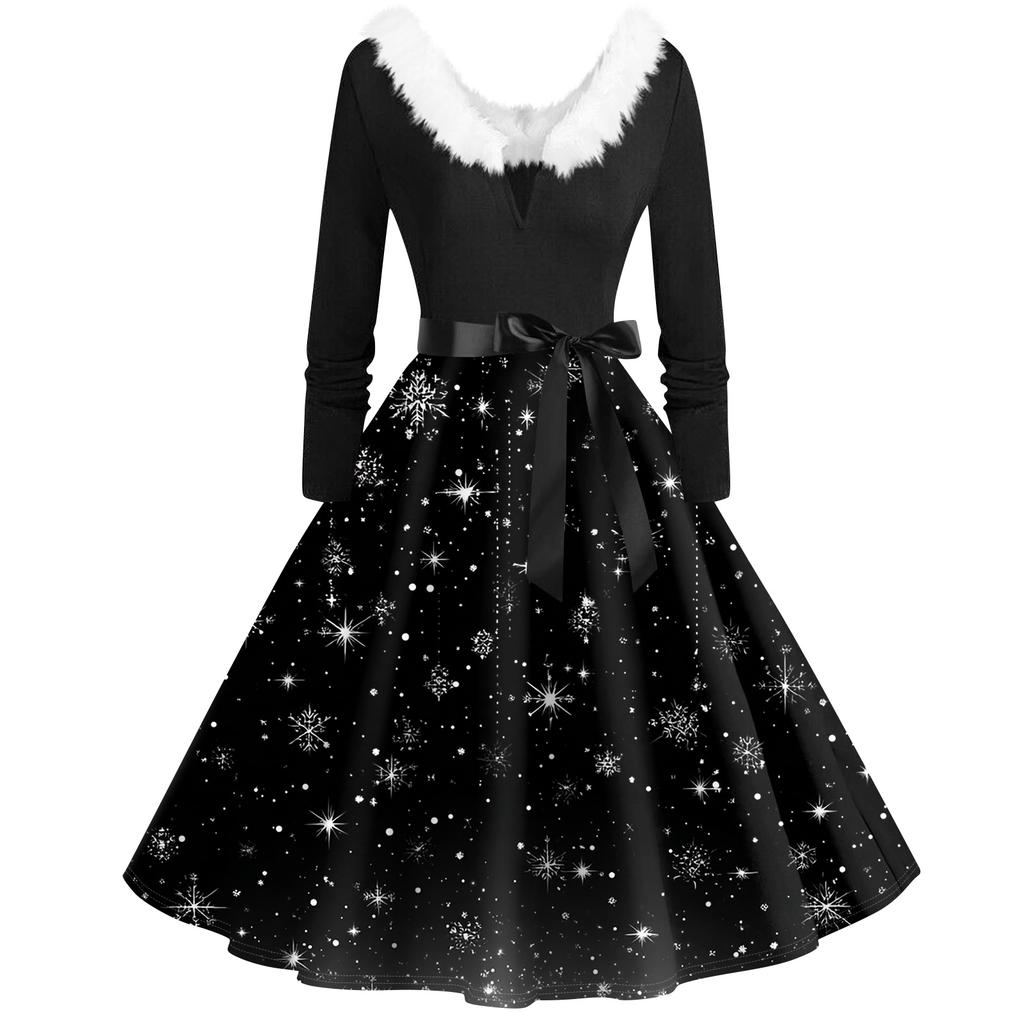 Women's Fashion V-Neck Casual Slim Christmas Printed Long Sleeve Hair Collar Dresses