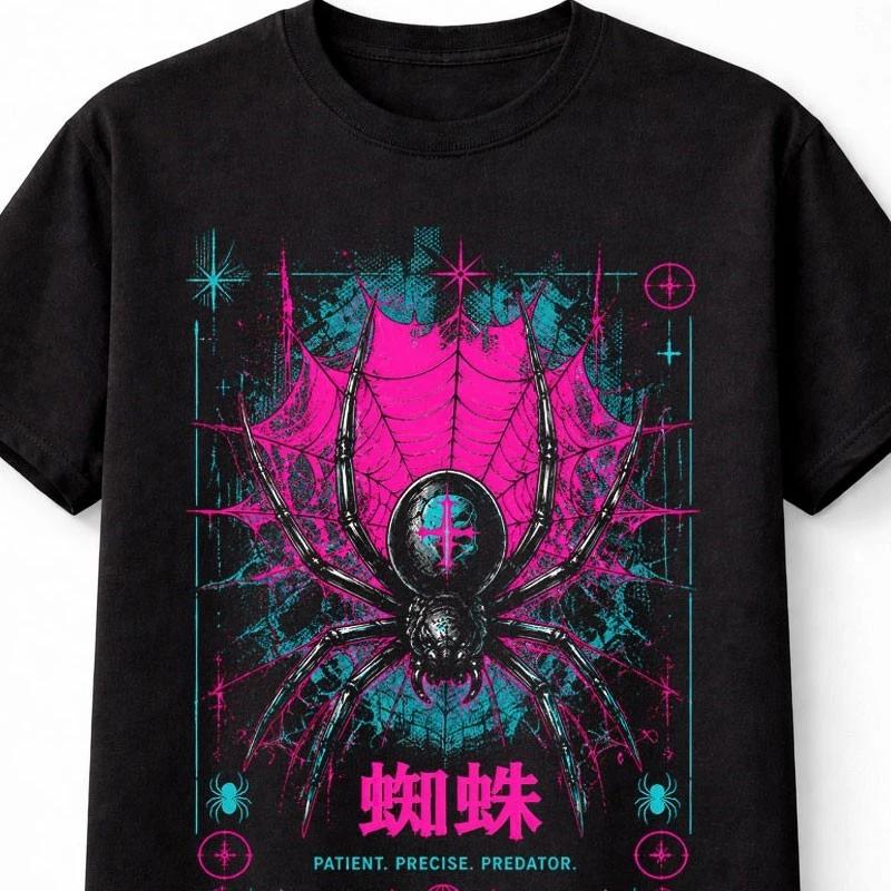 Japanese Spider Web Gothic Cyberpunk Graphic Kanji Unisex TShirt S