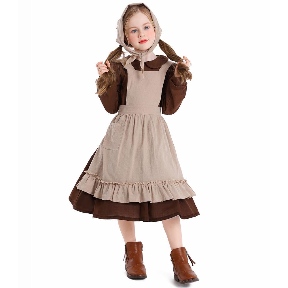 Kids Girls Children's Day Poor Maid Dress Apron Sets Cosplay Costume Stage Performance Pastoral Farm Frence Lolita Dress Up Halloween Outfit