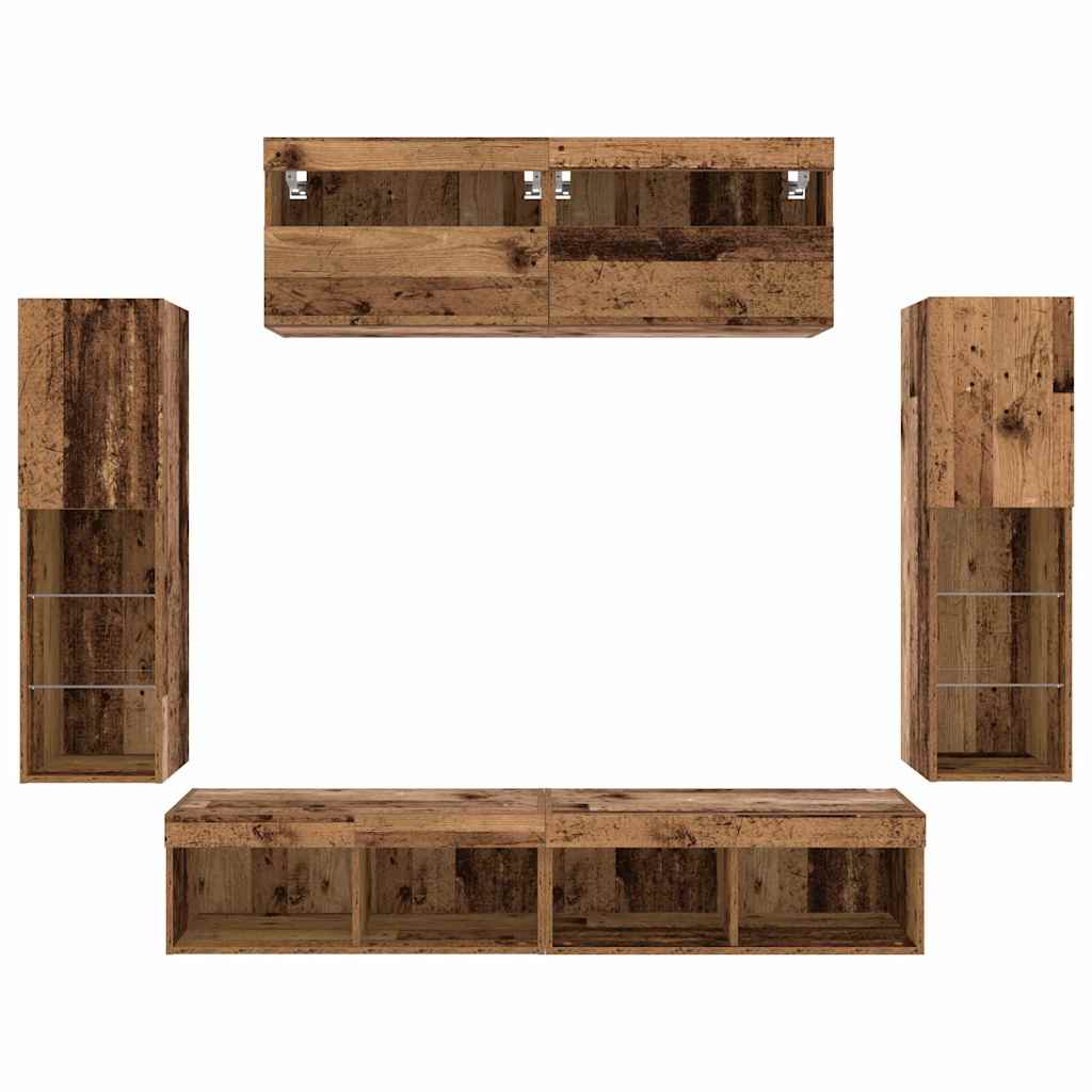 TV Cabinet Set with LED Light Strips 6 pcs Reclaimed Wood Effect Particleboard