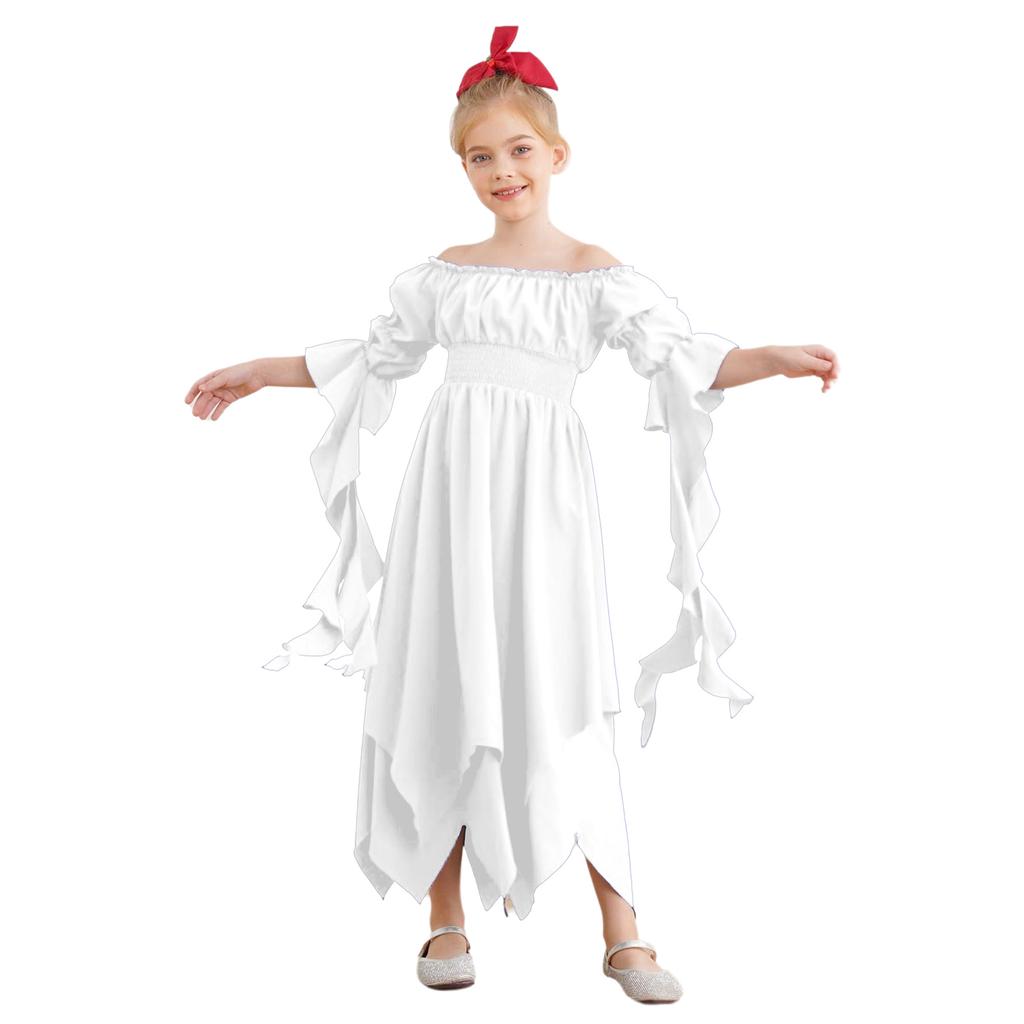 Girl's Renaissance Halloween Fancy Dress Costume Cold Shoulder Smocked Irregular Hem Dresses