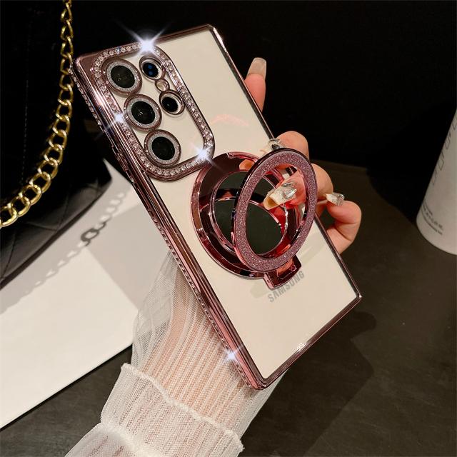 For Samsung Galaxy S24 Ultra Luxury Plating Diamond Frame Flash Mirror Stand Holder Phone Case For Samsung S22 S23 S25Plus Cover
