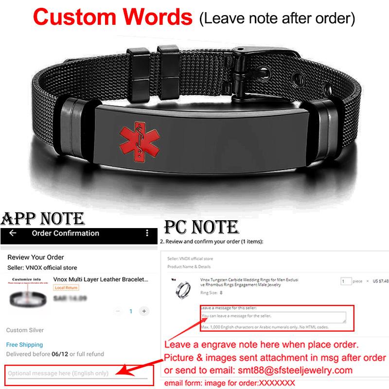 Xiaomi Vnox Personlige Indgraverede Medicinske Alarm ID-armbånd til Mænd, Sort Rustfrit Stål Mandligt Armbåndssmykke, Længde Justerbar