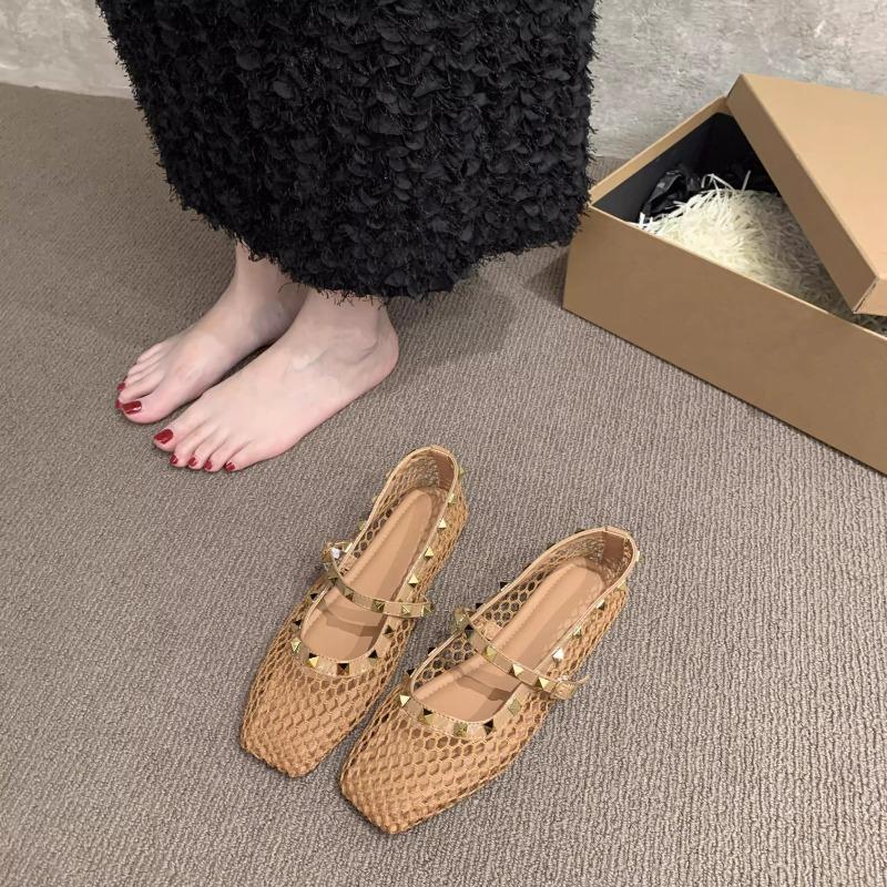 Fashion Fashion Woven Lazy Cutout Front Lace-Up Mary Jane Shoes Feminine Square Toe Flat Shallow Mouth Soft Slip Single