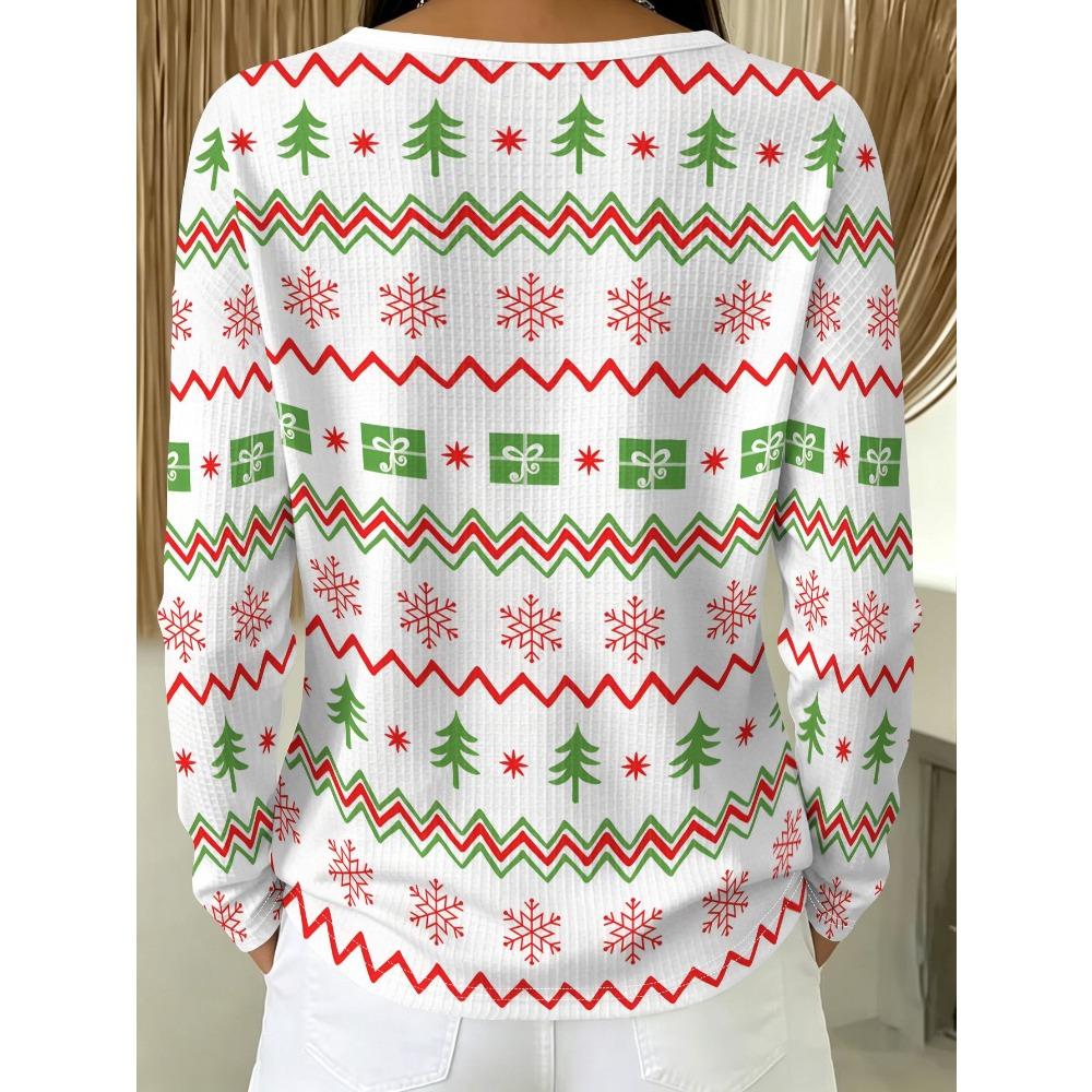 Women's half-zipper long-sleeved T-shirt Christmas style red and green pattern print casual daily commute