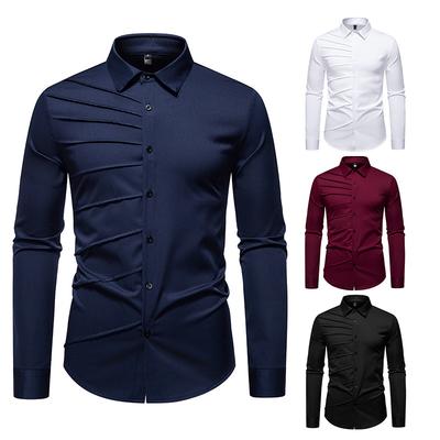 Autumn Men'S Solid Color Pleated Design Long-Sleeved Shirt European Size Men'S Loose Shirt