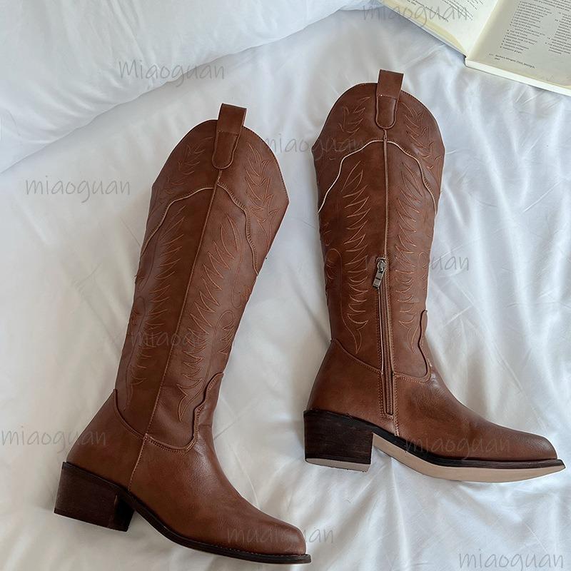 Vintage Totem Print Side Zip Pu Riding Boots Women Medium Heel Western Boots Women 2025 Winter Sexy Knee High Shoes