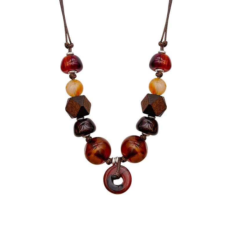 Vintage Wood Amber Special-shaped Resin Beaded Pendant Necklace Women's Leather Rope Ethnic Style Long Sweater Chain