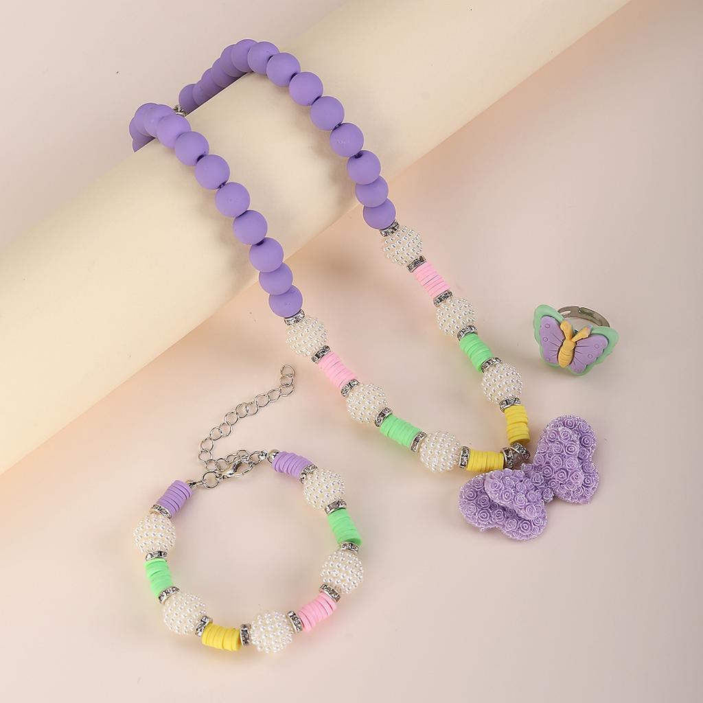 Sweet Princess Bow Necklace Bracelet Suit Candy Purple Bead Chain Children's Zircon Handmade Zircon Accessories