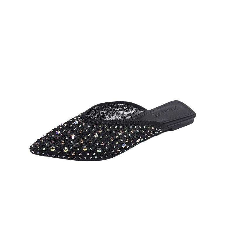 Fashion Pointed Toe Women Lace Slippers Crystal Beading Slides Summer Shoes Woman Embroider Mesh Sandalias Mujer Pantuflas Big Size 43