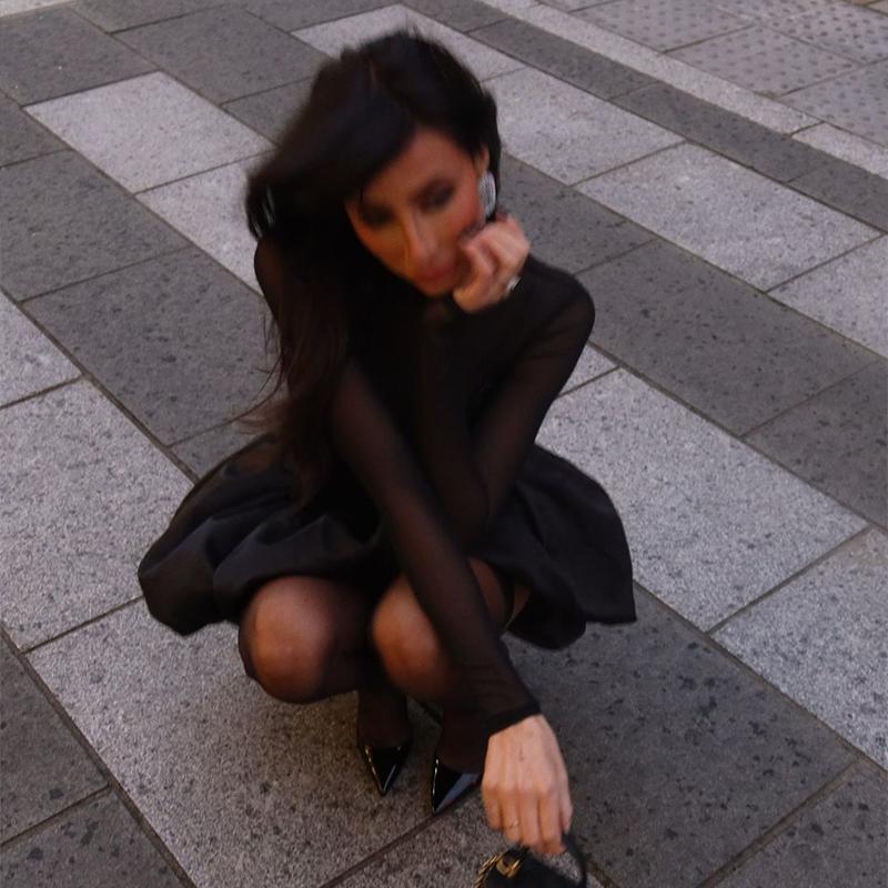 Sexy See-through Dress Women Turtleneck Full Sleeves Slim A-line Mini Dresses Autumn Fashion High Streetwear