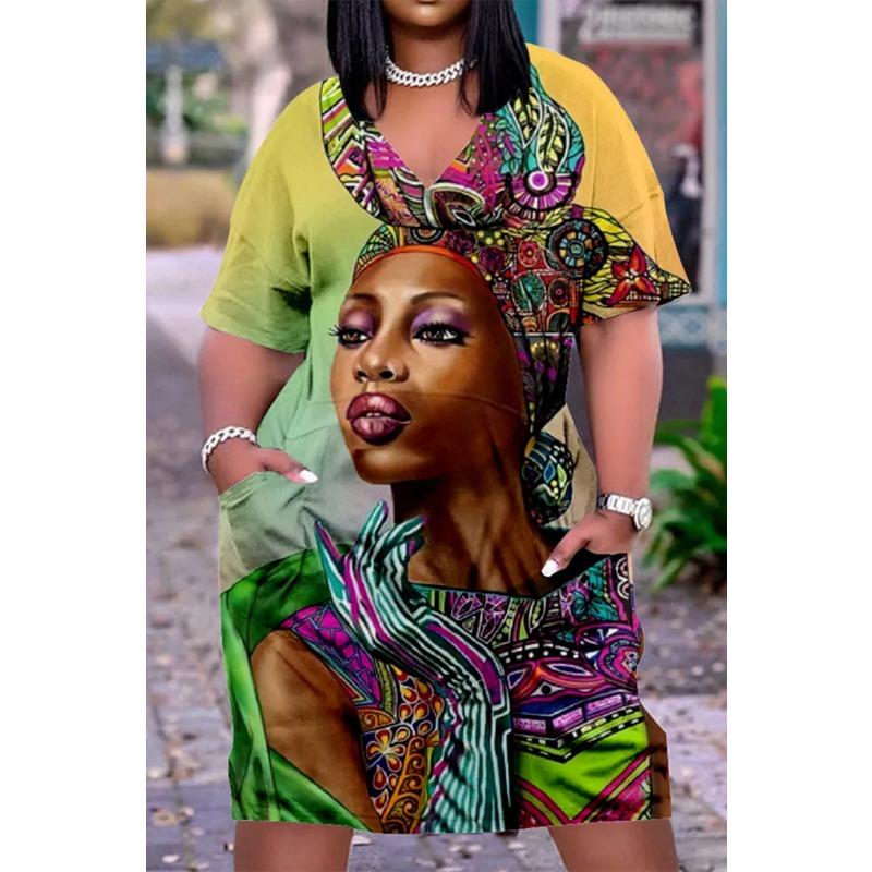 

Богемное сексуальное женское платье с V-образным вырезом и карманами в индийском стиле с 3D-принтом для африканских девушек, платье с короткими рукавами, длиной до колен, вечернее платье миди 8XL