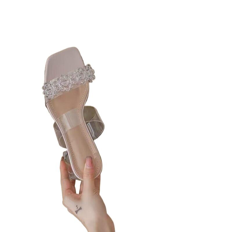 Slides Rhenstone Summer Crystals Sandals High Up To 5cm Heel Shoes for Women 2025 Off White Woman Slippers Clear Jewels Designer