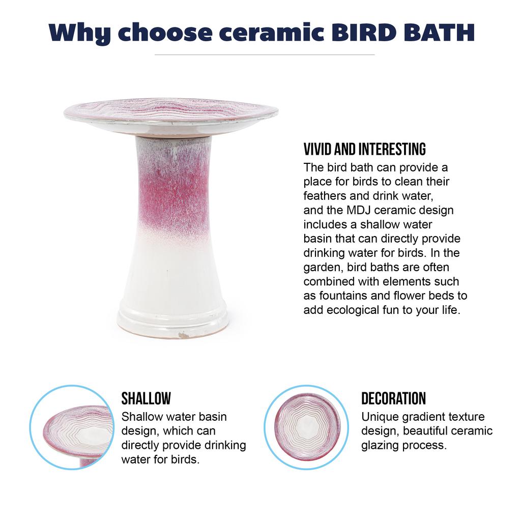 Handmade Ceramic Bird Bath (diameter 43 Cm, Height 45 Cm), White-Red-Pink Gradient Glaze with Wave Pattern, for Garden, Patio and Balcony
