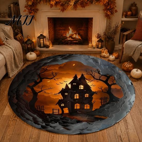 Indoor Holiday Theme Rug Halloween Round Area Rug, 3D Optical Illusion Doormat for Living Room, Scary Floor Mat Non Slip Absorbent Mat, Washable